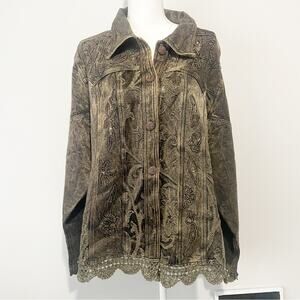 Flashback vintage brown embroidered lace sequin jacket button down size 3X